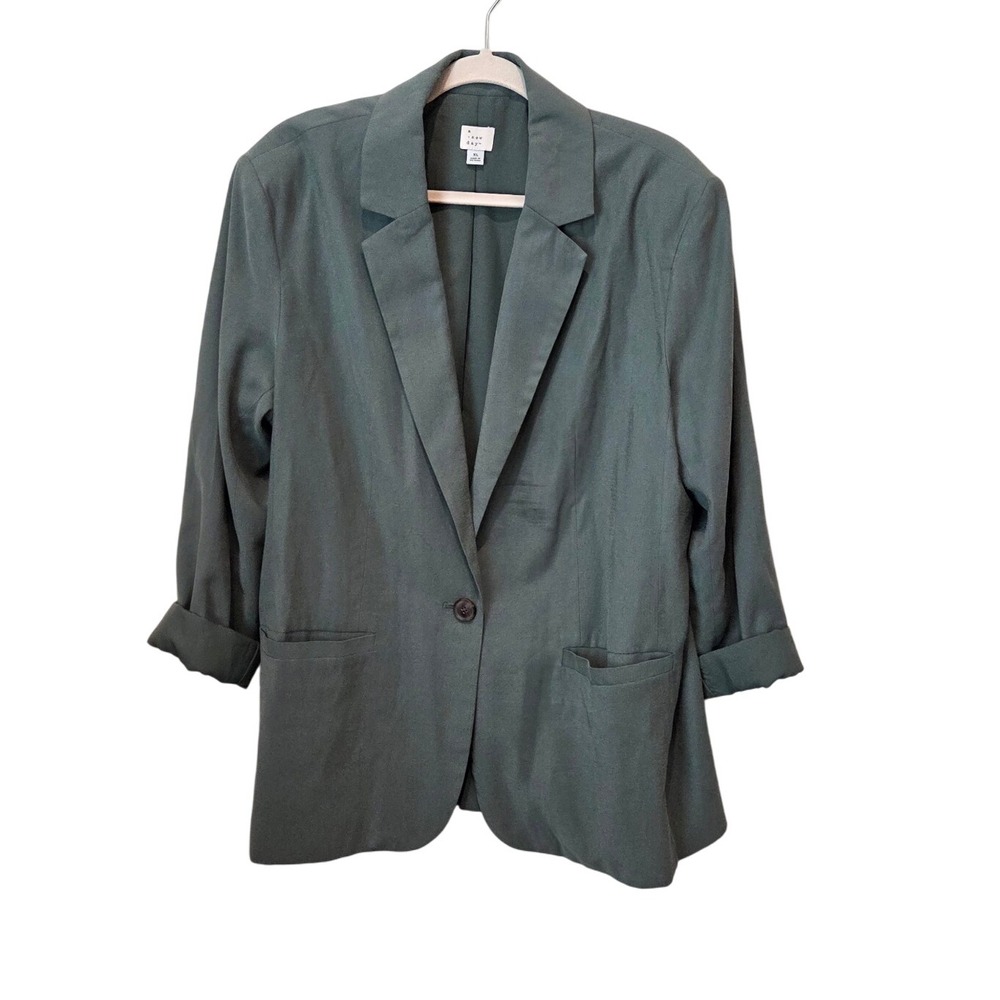 A New Day Women's XL Green Linen Blend Button Front Blazer Jacket Roll Tab Sleev